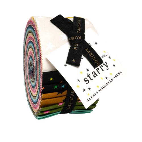 Colorful cylindrical product with a black ribbon and 'Starry' branding on a white background