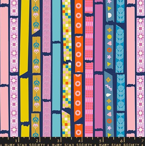 Patterned fabric with colorful vertical stripes featuring various geometric and abstract designs.