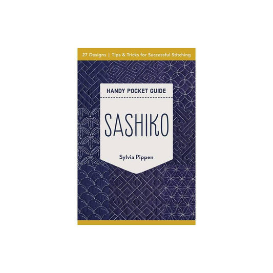 Handy pocket guide titled 'Sashiko' by Sylvia Pippen on a white background