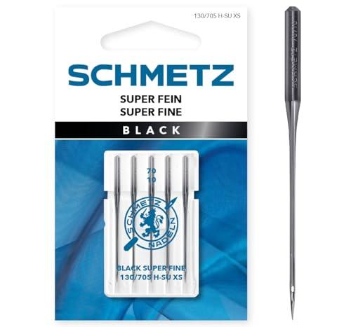 Schmetz black super fine needles packaging with a needle on a white background