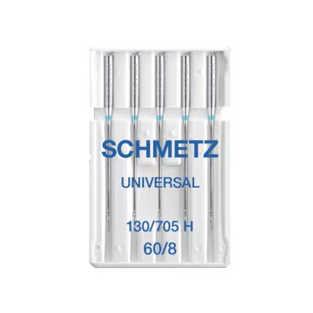 Pack of Schmetz universal sewing machine needles on a white background