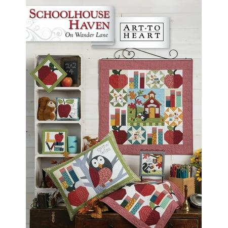 Decorative items including a quilt, pillow, and wall art with 'Schoolhouse Haven' branding.