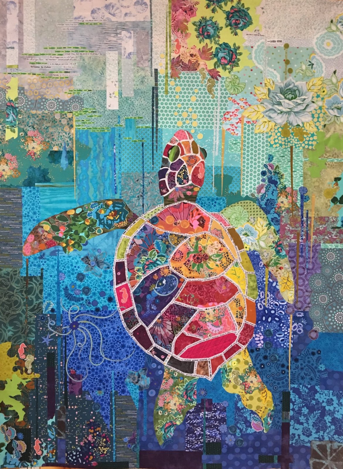 Seawell collage quilt pattern by Laura Heine featuring ocean inspired fabric collage design