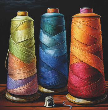 Three spools of colorful thread on a wooden surface with a thimble in the foreground.