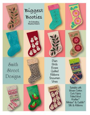 Collection of embroidered stockings with various patterns on a colorful background