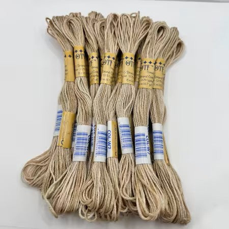 Set of skeins of embroidery thread with labels on a white background