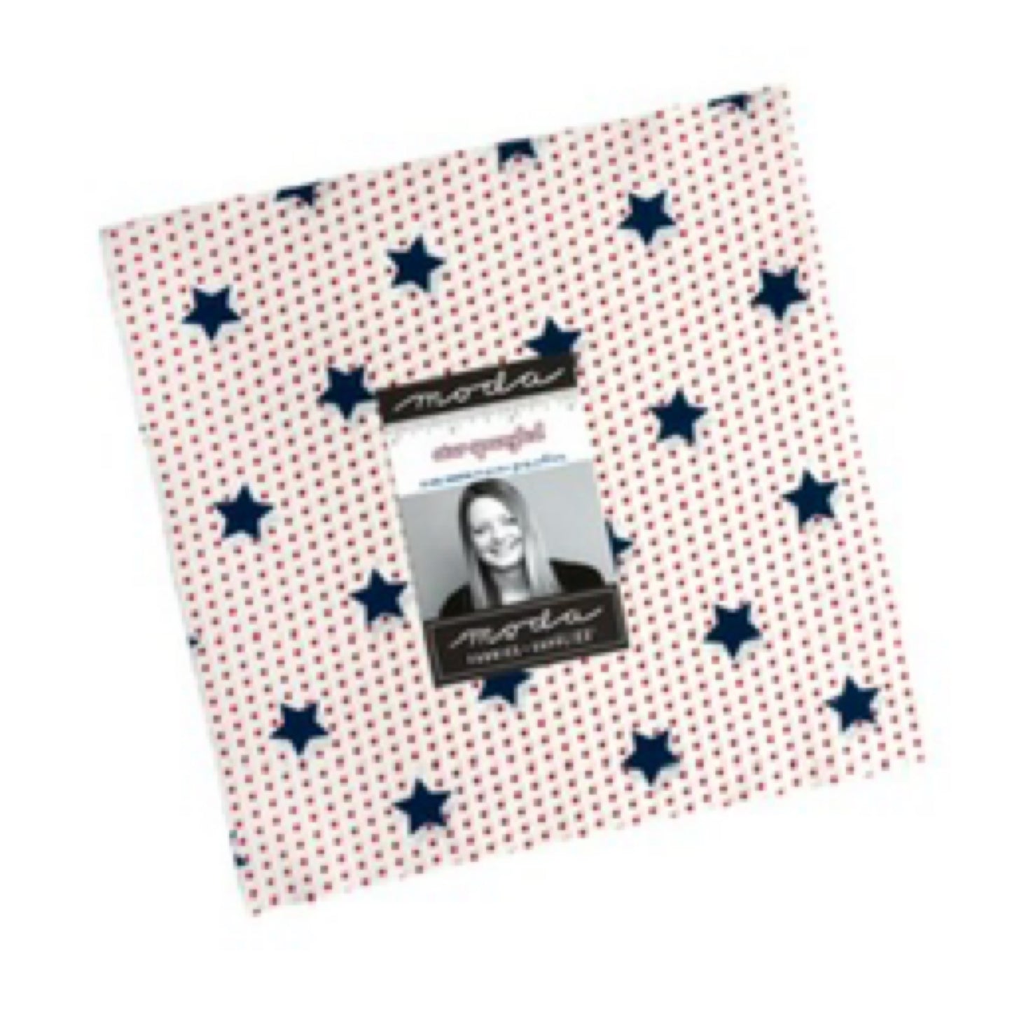 Fabric with red polka dots and blue stars on a white background, featuring a Moda label.