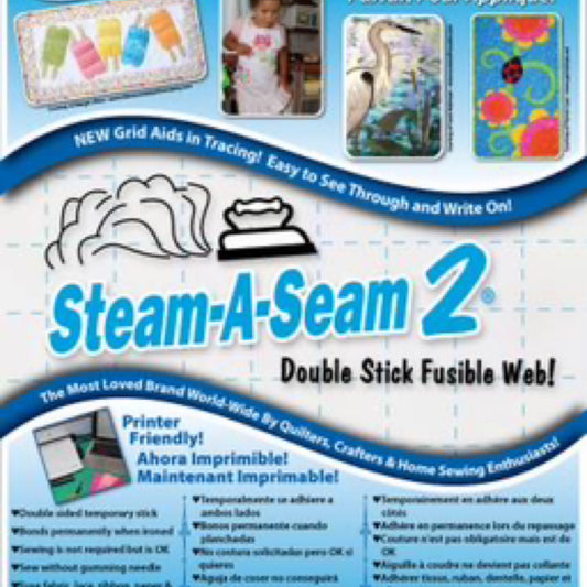 Advertisement for Steam-A-Seam 2 double stick fusible web with product details and images of its use.