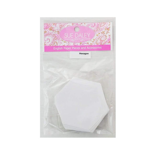 Packaged white hexagon paper pieces with 'Sue Daley' branding on a white background