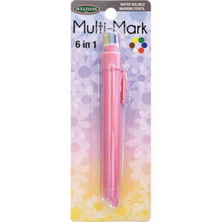 Pink multi-mark pen on a colorful packaging background