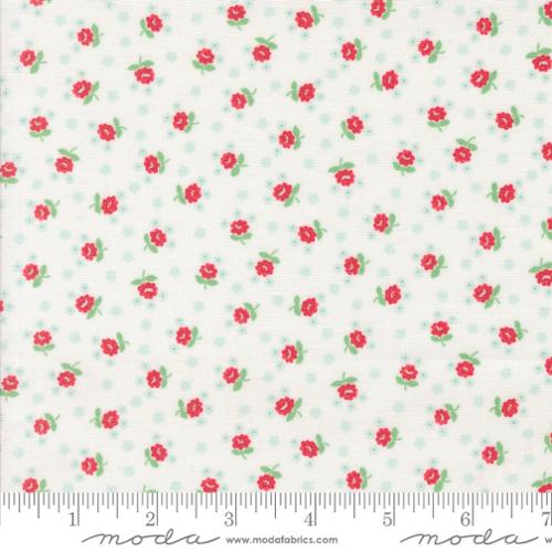 Floral pattern with red flowers and green leaves on a white background, featuring Moda label.