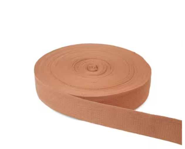 Brown webbing strap on a white background