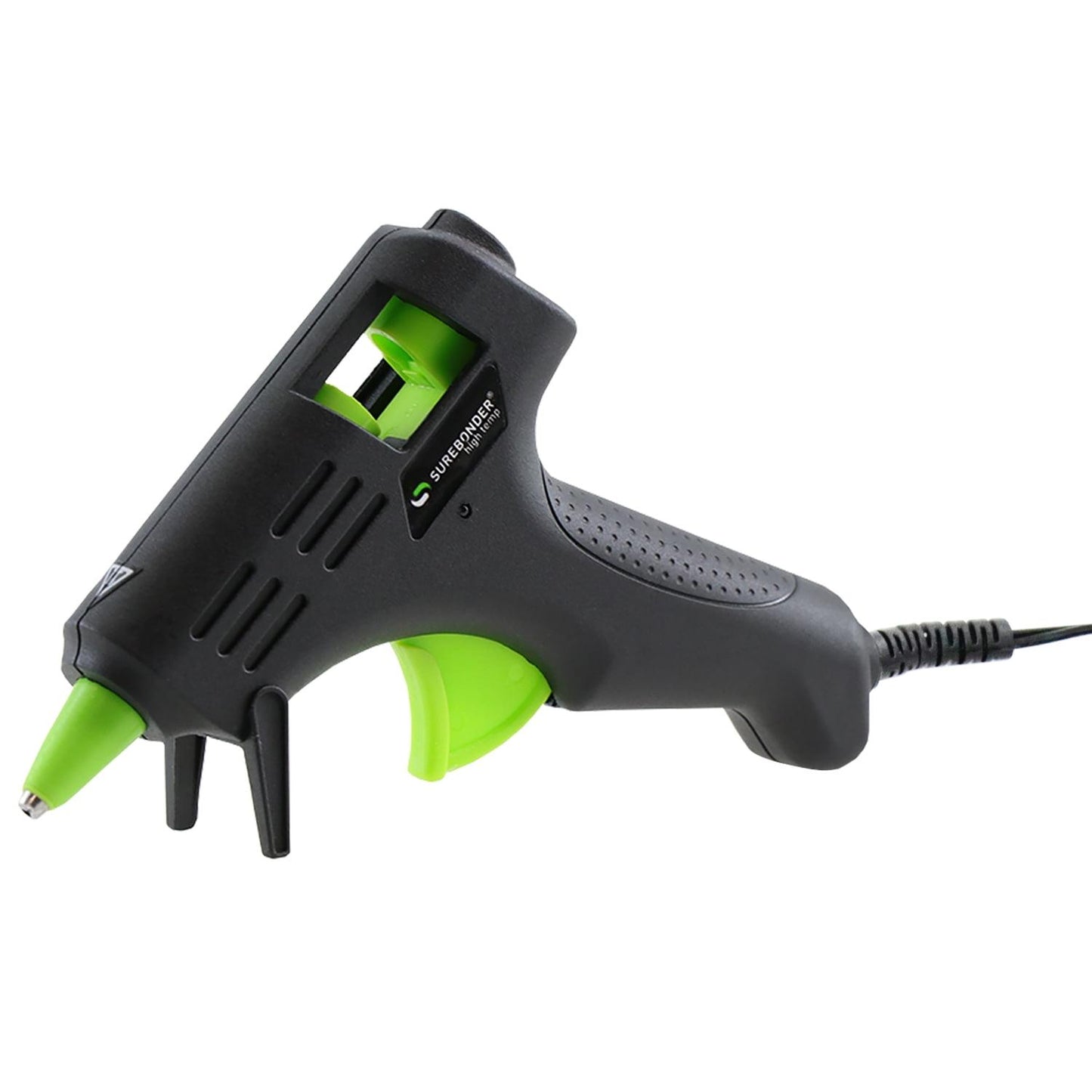 Black and green glue gun on a white background