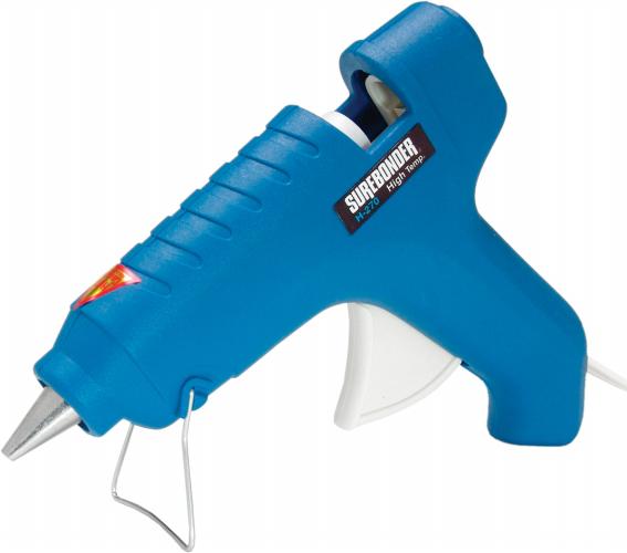 Blue glue gun with 'Surebonder' branding on a white background