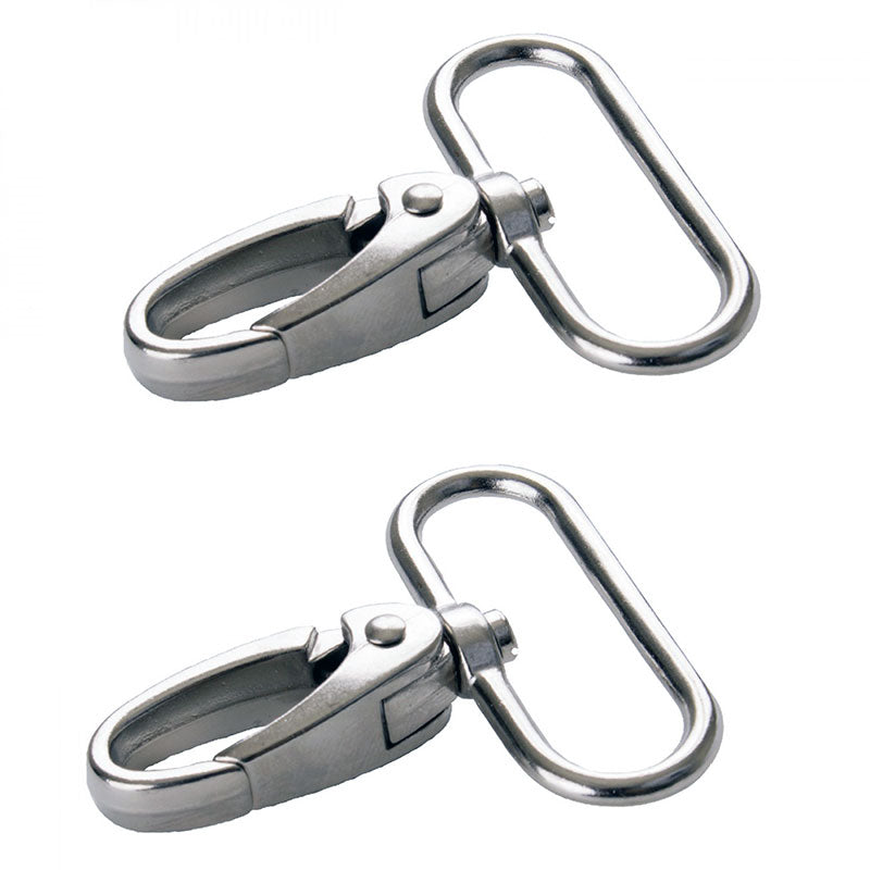 Two silver metal swivel hooks on a white background