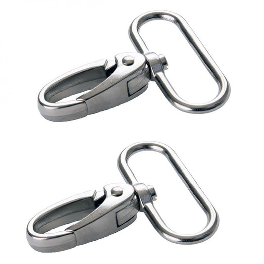 Two silver metal swivel hooks on a white background