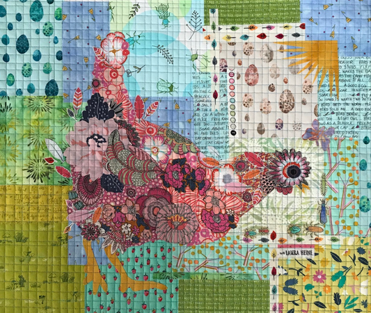 Colorful patchwork design with intricate patterns and text on a multicolored background