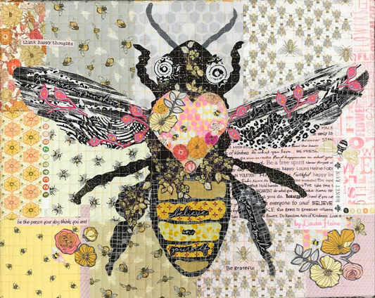Artistic depiction of a bee with floral patterns on a textured background