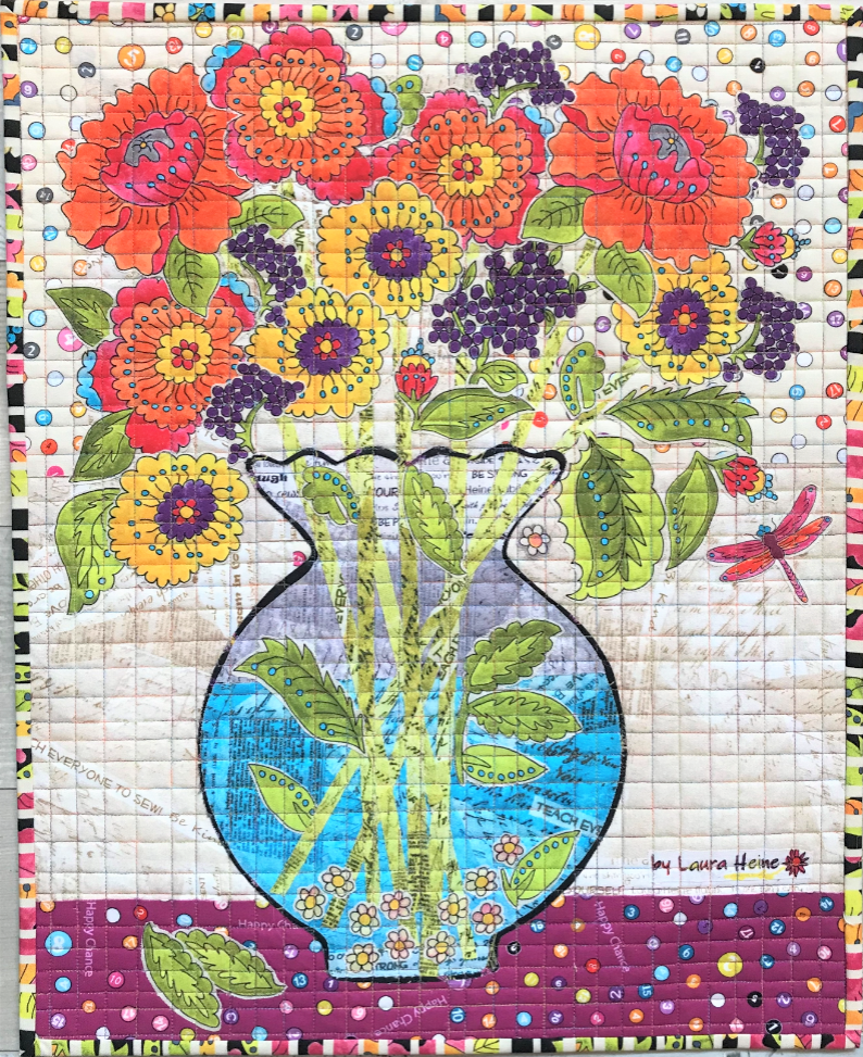 Teeny Tiny Bouquet Vase collage quilt kit by Laura Heine, finished 16 x 20 mini quilt