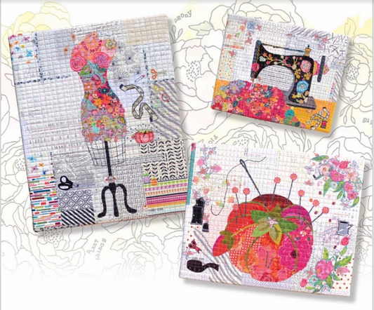 Teeny Tiny Collage Pattern #5 by Laura Heine featuring Pincushion, Dress Form, and Sewing Machine, full-sized patterns for 16 x 20 quilts