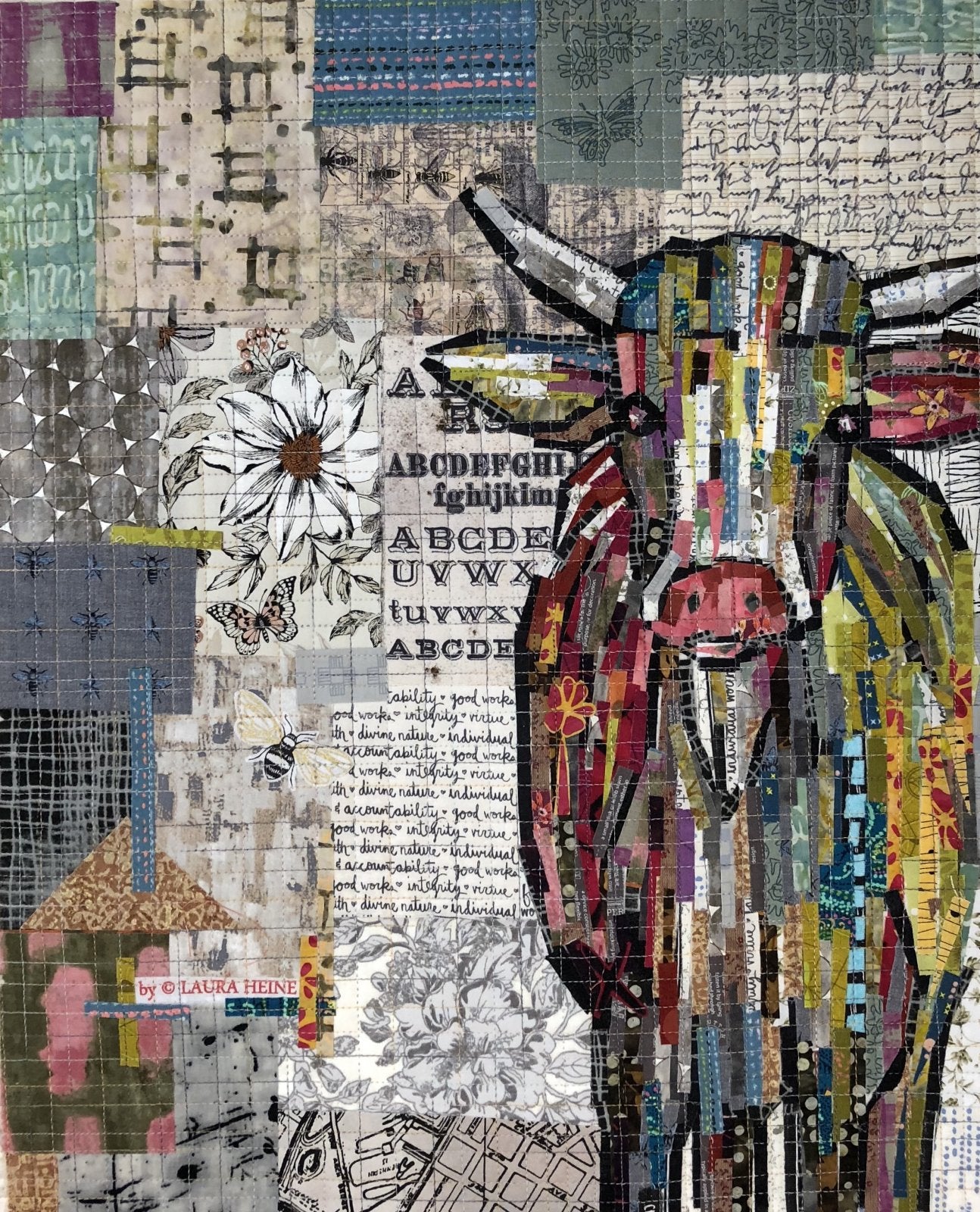 Teeny Tiny Cow collage quilt kit 3rd Edition by Laura Heine, finished 16 x 20 mini quilt