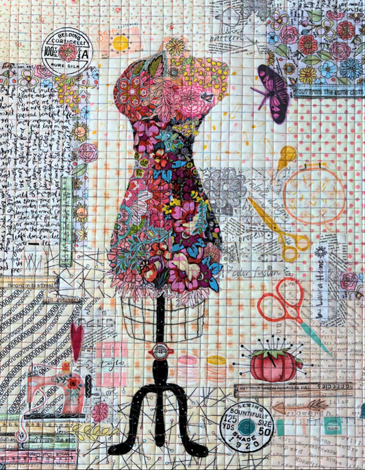 Teeny Tiny Dress Form collage quilt kit 2nd Edition by Laura Heine, small 16 x 20 quilt top