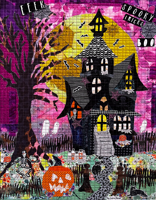 Halloween-themed artwork with haunted house, pumpkins, and ghosts on a colorful background.