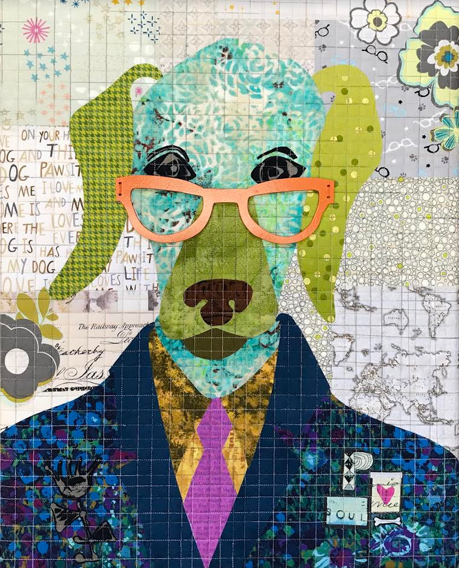 Teeny Tiny Peter Purebred collage quilt kit by Laura Heine with sew-on glasses, finished 16 x 20 mini quilt