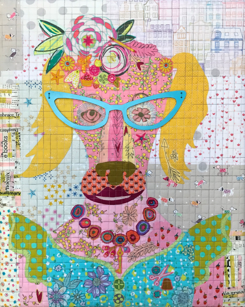Teeny Tiny Polly Purebred collage quilt kit by Laura Heine with sew-on glasses, finished 16 x 20 mini quilt