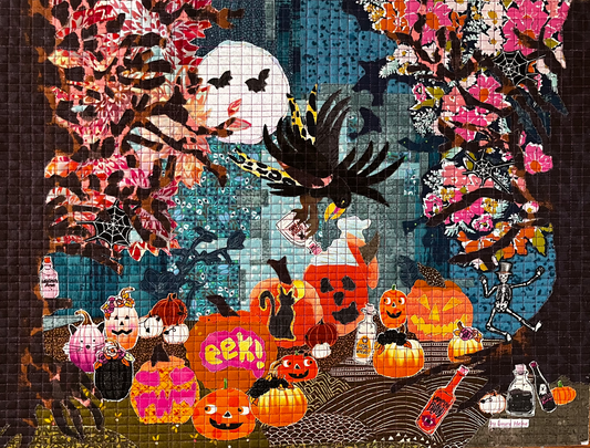 Halloween-themed mosaic with pumpkins, ghosts, and a full moon.