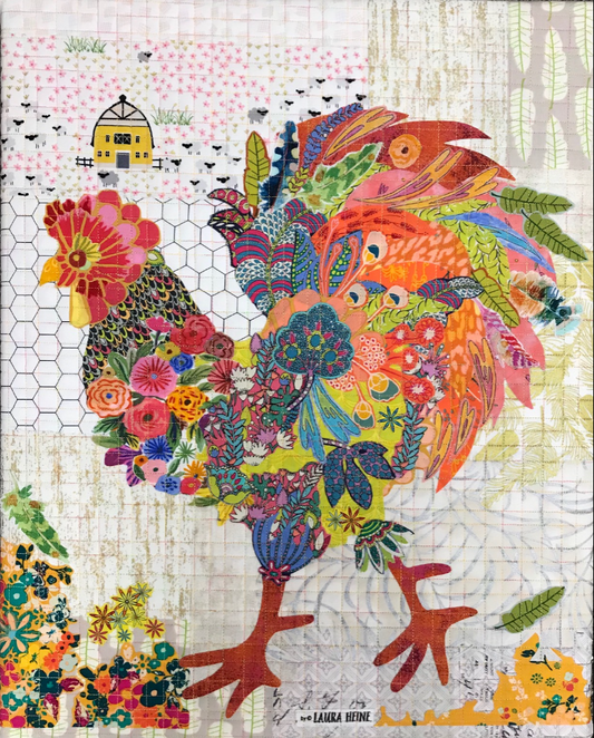 Teeny Tiny Rooster Kit 2nd Edition by Laura Heine featuring a colorful miniature rooster collage