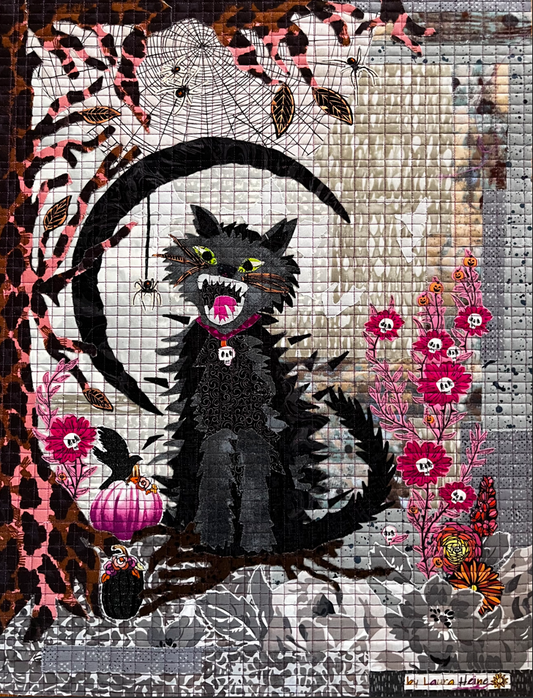 Artistic depiction of a black cat with pink flowers and a moon in a mosaic-style background.