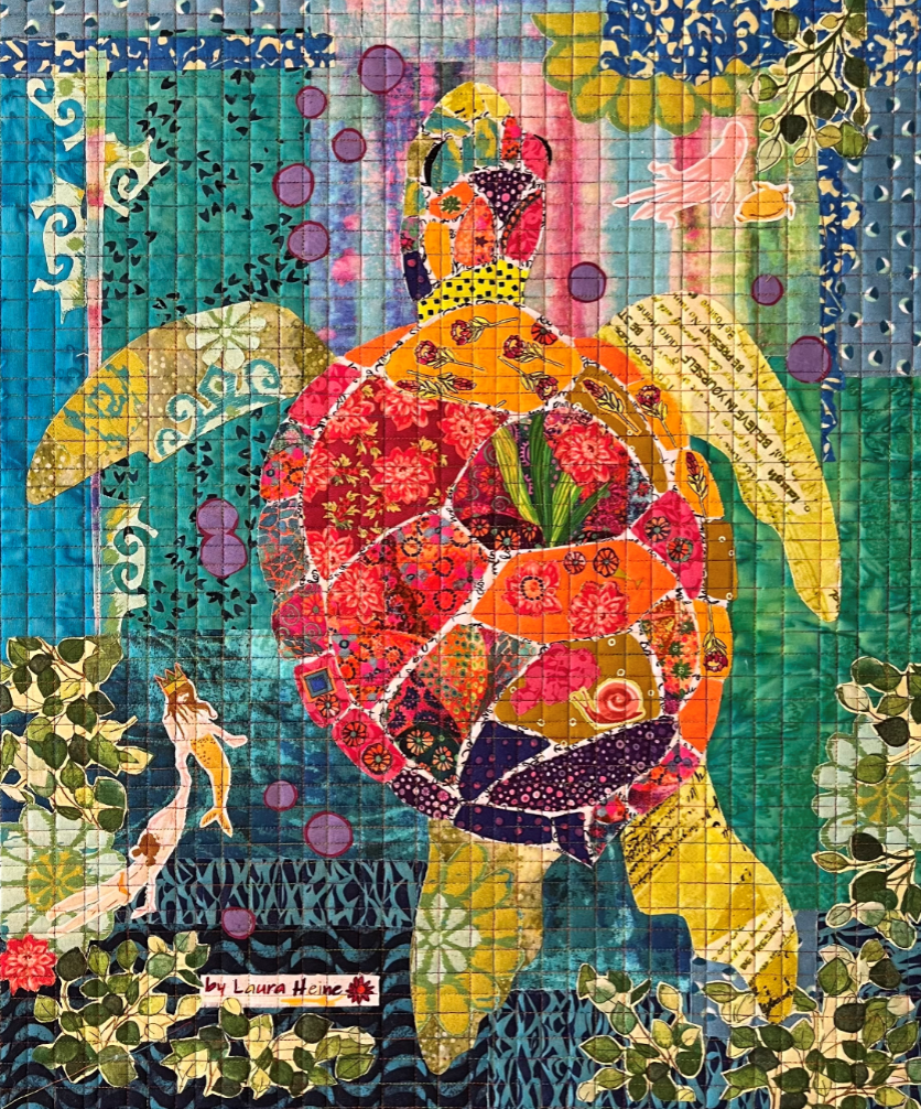 Teeny Tiny Sea Turtle collage quilt kit by Laura Heine, finished size 16 x 20