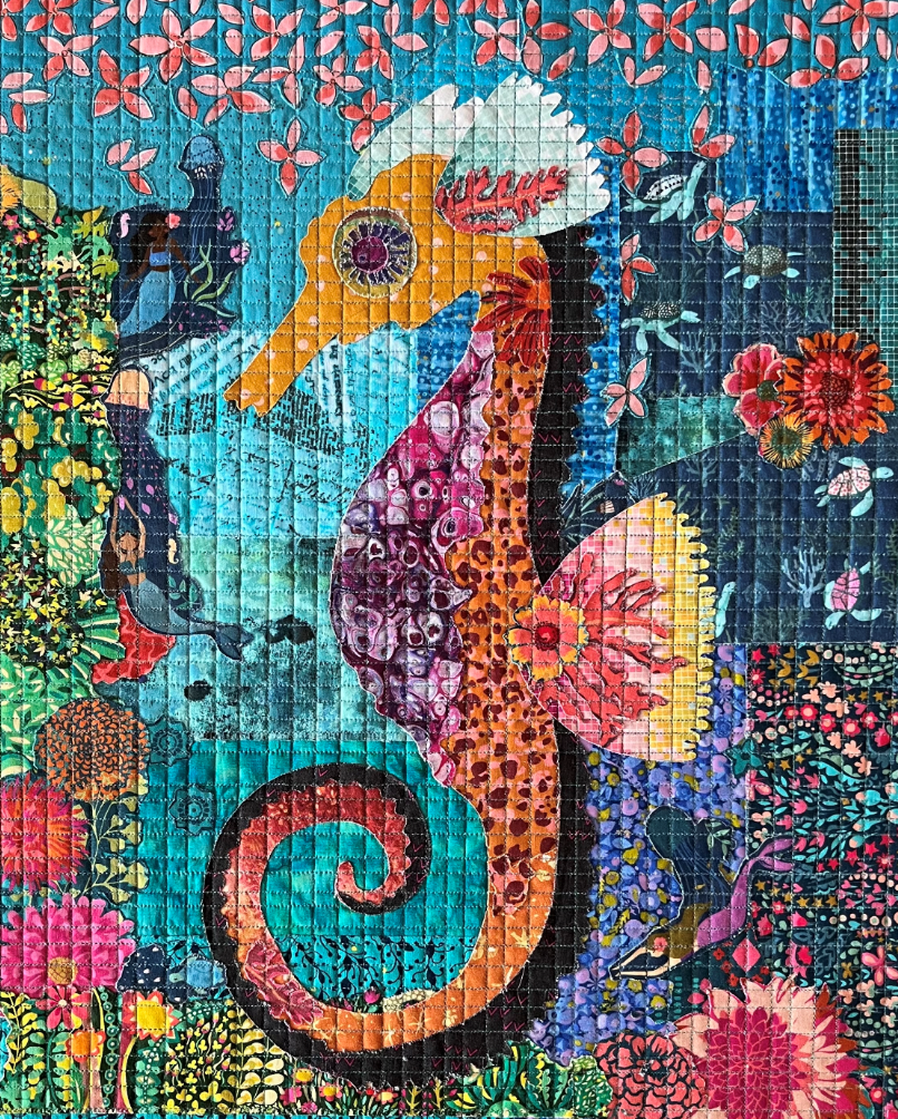 Teeny Tiny Seahorse collage kit by Laura Heine featuring a miniature seahorse in vibrant fabrics