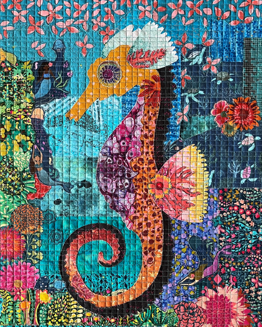 Teeny Tiny Seahorse collage kit by Laura Heine featuring a miniature seahorse in vibrant fabrics