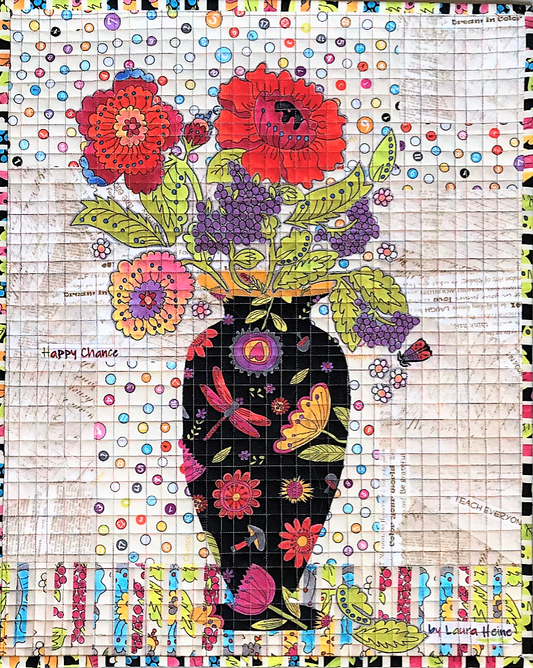 Teeny Tiny Statement Vase collage quilt kit by Laura Heine, finished 16 x 20 mini quilt