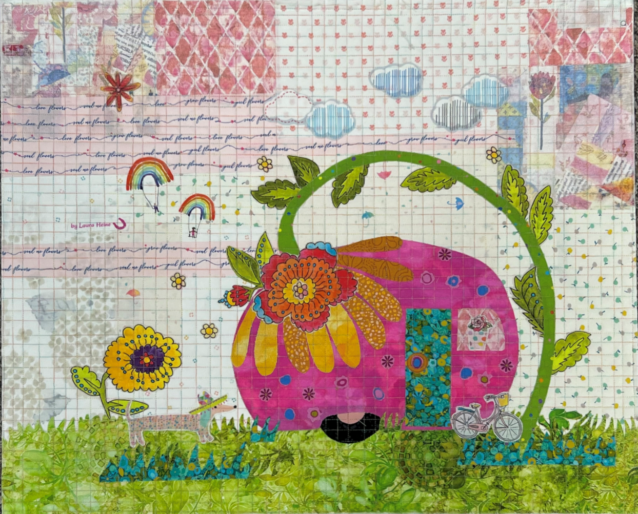 Teeny Tiny Trailer collage quilt kit 3rd Edition by Laura Heine, finished 16 x 20 mini quilt