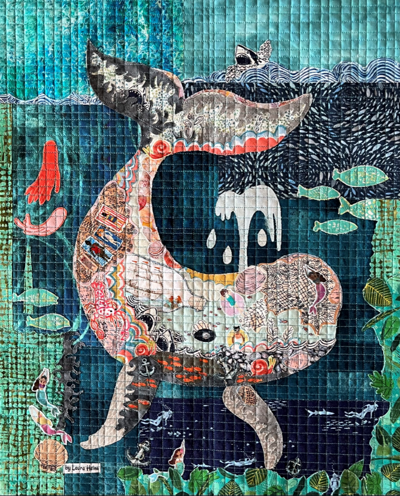 Teeny Tiny Whale collage quilt kit by Laura Heine featuring a small whale fabric collage design