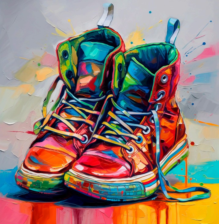 Colorful abstract painting of a pair of boots on a multicolored background