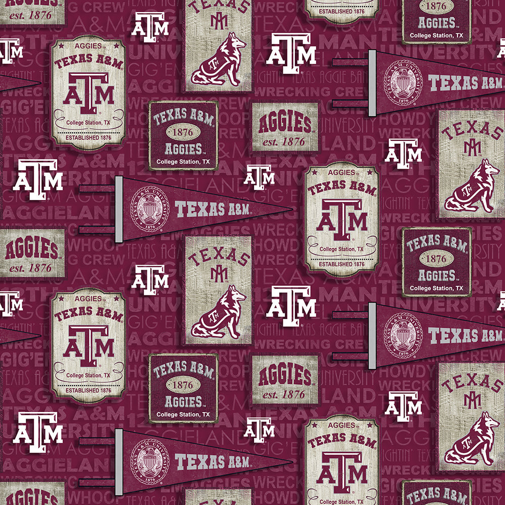Texas A&M Aggies vintage pennant allover cotton fabric featuring retro collegiate logos and school colors