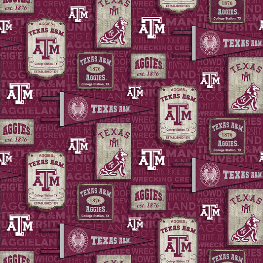 Texas A&M Aggies vintage pennant allover cotton fabric featuring retro collegiate logos and school colors