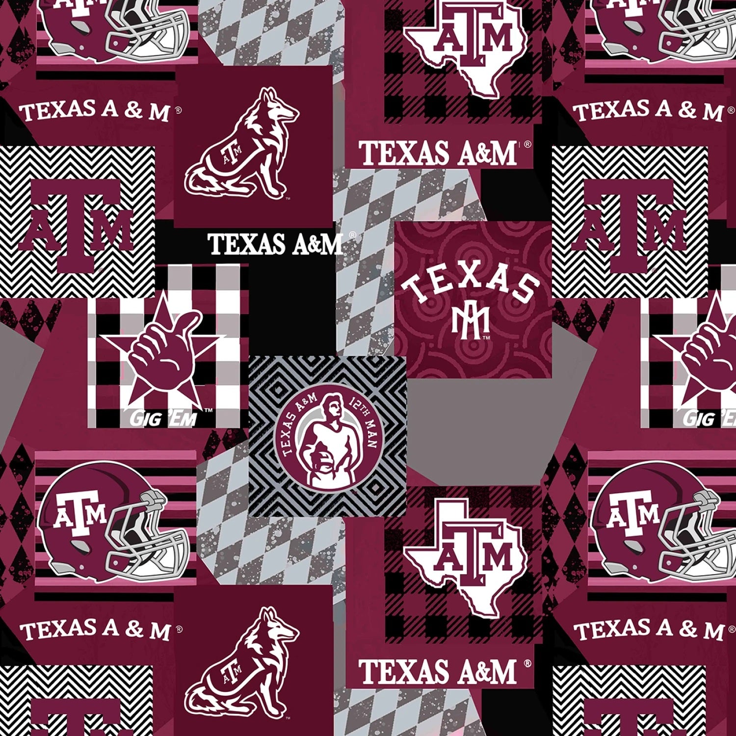 Texas A&M micro minky geometric allover plush fabric with collegiate pattern