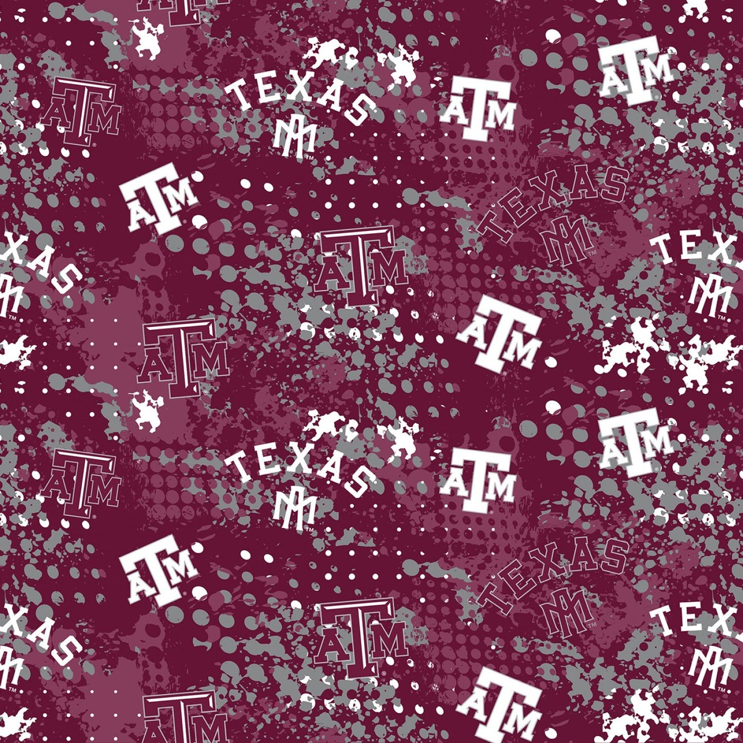 Texas A&M Splatter quilting cotton fabric with maroon and white paint splatter design