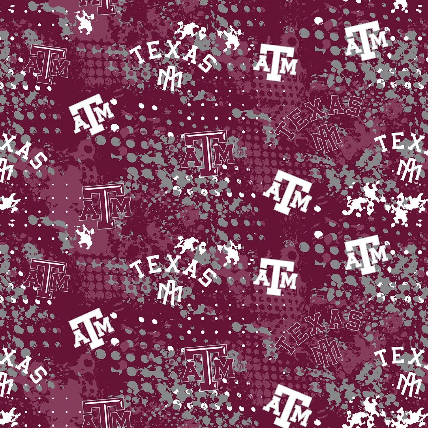 Texas A&M Splatter quilting cotton fabric with maroon and white paint splatter design