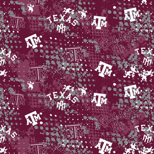 Texas A&M Splatter quilting cotton fabric with maroon and white paint splatter design