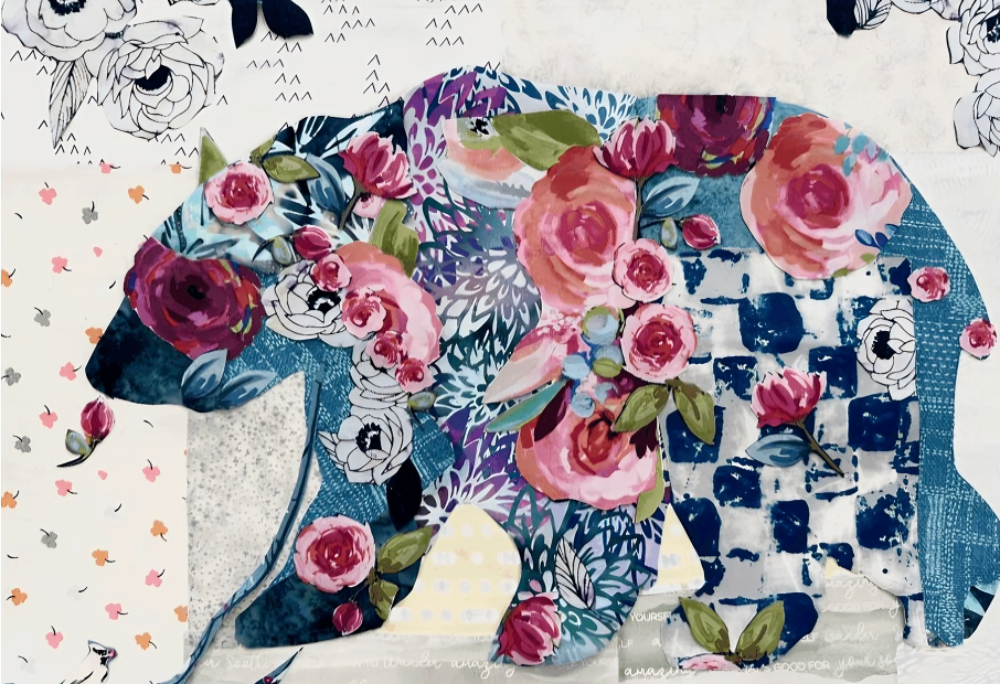 The Bear – Vintage Collage fabric art created by instructor Donna Galvan, featuring Laura Heine-inspired collage techniques and layered textile design.