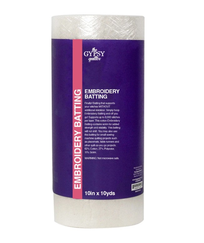 Roll of embroidery batting with purple and pink label on a white background