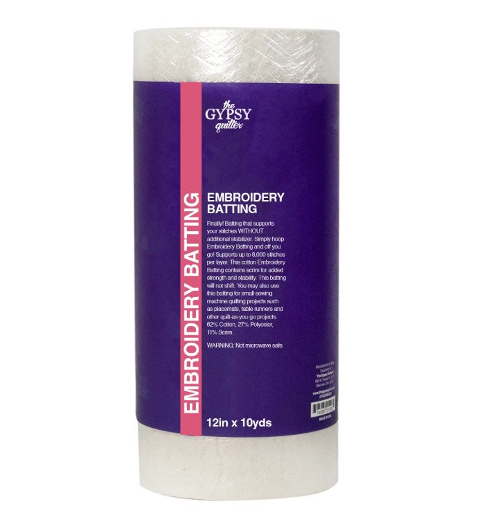 Roll of embroidery batting with purple label on a white background