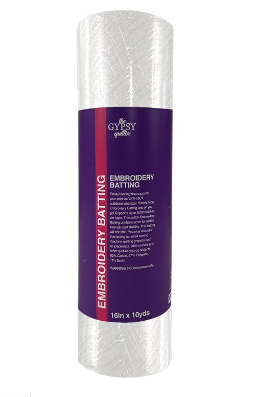 Roll of embroidery batting with a purple label on a white background