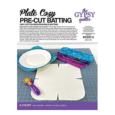 Pre-cut batting for plate cozies with packaging and materials on a white background